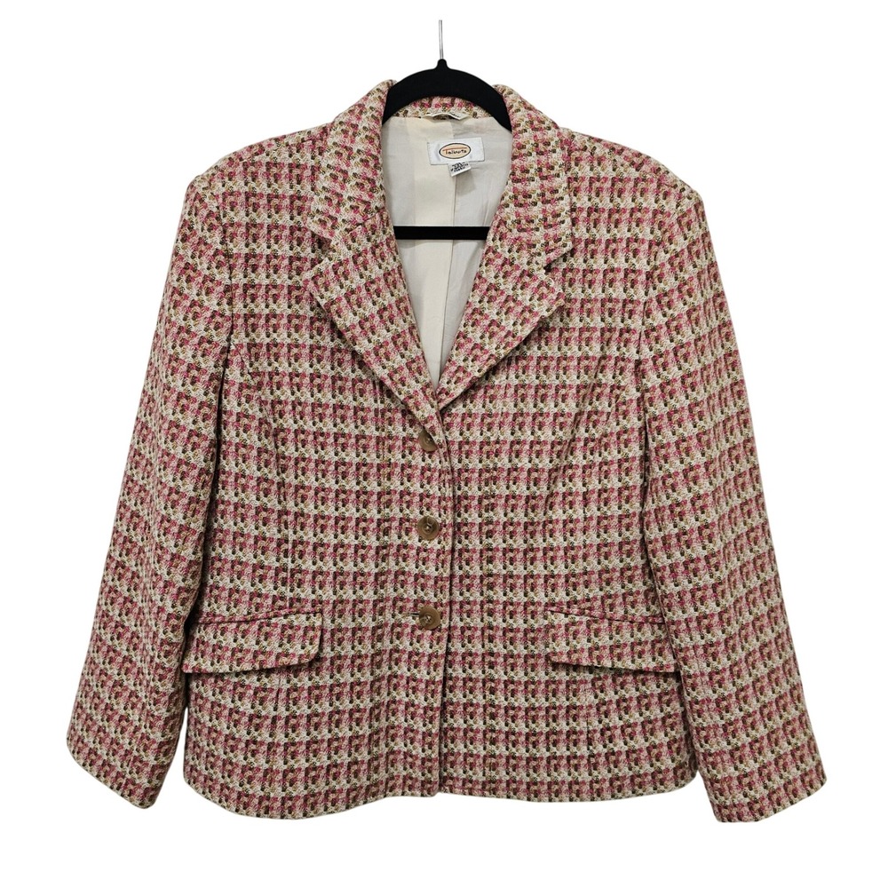 Talbots Tweed Blazer Jacket Pink Beige Gold Italian Fabric Size 16 Office Career